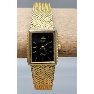Seiko Galaxy Ladies Tank Watch VTG 1992 Gold Plated Black Dial 20mm 6" Mesh Band